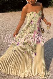 For Every Occasion Satin Pleated Floral Print V-wire Bandeau Neck Maxi Dress