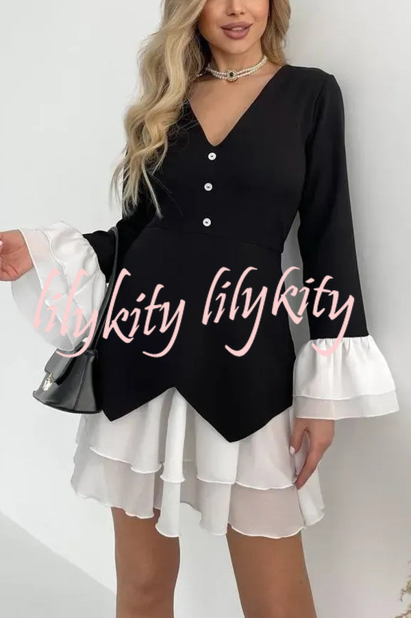 Fashionable Contrast Color Panel Long Sleeve Ruffled Mini Dress