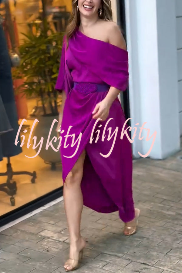 Whispered Yes Satin Irregular Lapel Neckline Design Ruched Maxi Dress