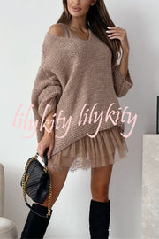 Solid Color Loose V-neck Casual Knitted Sweater