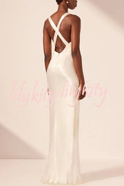 Modern Day Glam Satin Lace Trim V-neck Cross Back Maxi Dress