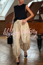 Solid Color Casual Pocket Elastic Waist Lantern Wide Leg Pants