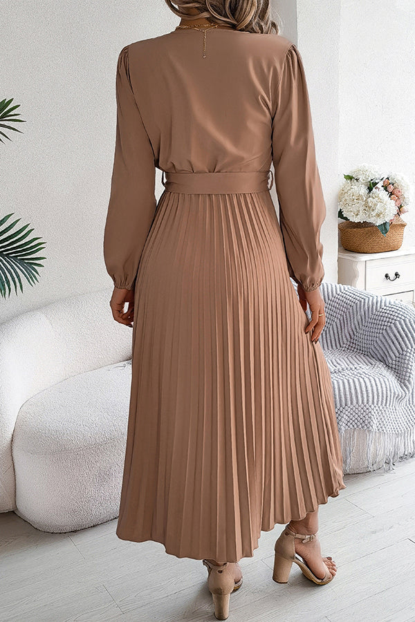 Solid Color Elegant V-neck Buttoned Lace-up Pleated Maxi Dress