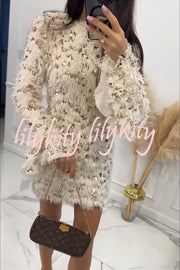Twilight Ember Knit Sequin Tassels Wide Neck Long Bell Sleeve Mini Dress