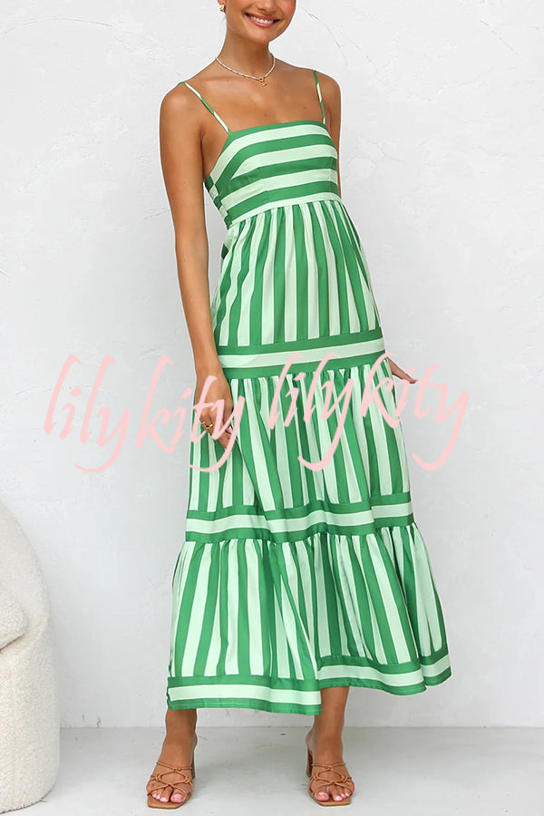 Beachy Dreams Striped Print Back Smocked Pocket A-line Slip Midi Dress