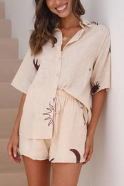 Camilla Linen Blend Printed Button Up Shirt and Elastic Waist Shorts Set