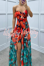 Loving Moment Gradient Unique Print Flowing Layered Ruffles Strapless Slit Maxi Dress