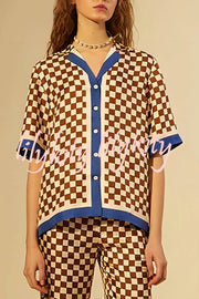 Olivia Satin Checkerboard Colorblock Print Shirt and Elastic Waist Pocketed Loose Pants Set