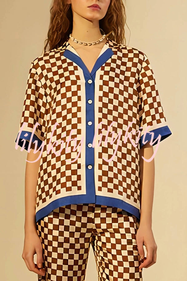 Olivia Satin Checkerboard Colorblock Print Shirt and Elastic Waist Pocketed Loose Pants Set