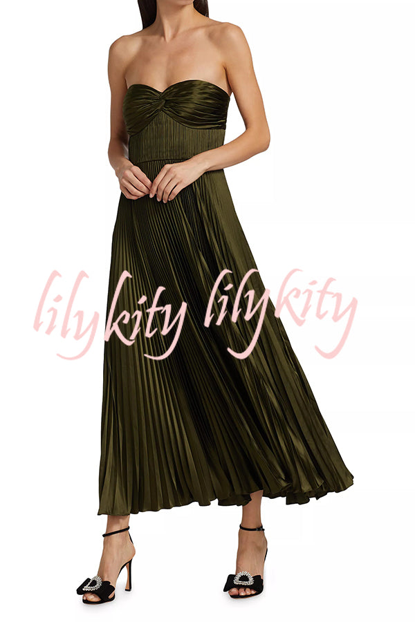 Love Note Satin Sweetheart Twist Off Shoulder Pleated Maxi Dress
