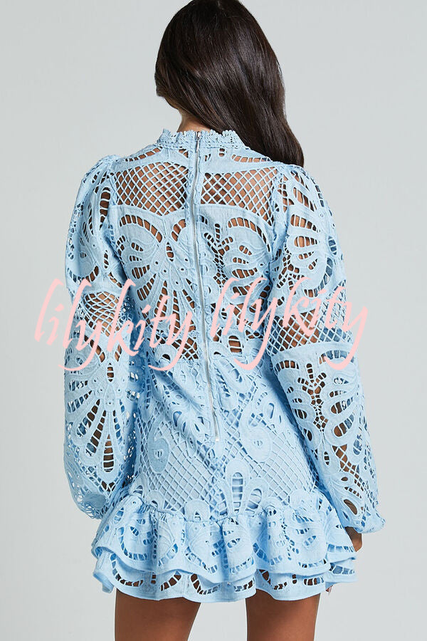 Solid Color Hollow Long-sleeved Waisted Lace Mini Dress