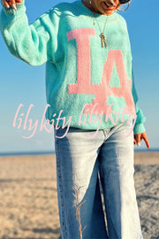 Letter Pattern Crew Neck Long Sleeve Loose Knit Sweater