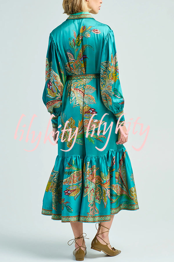 Resort Style satin Unique Printed Lapel Lantern Sleeve Lace-up Midi Dress