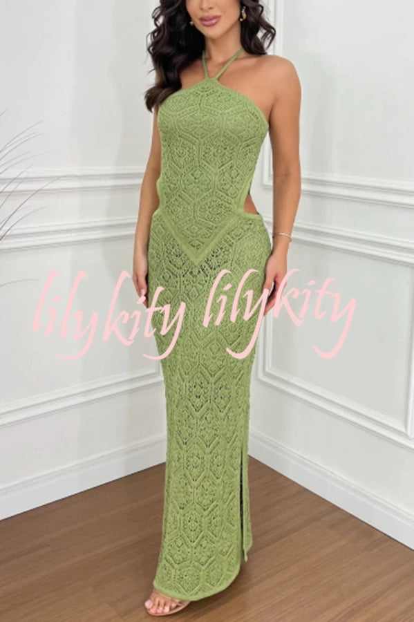 Seleia Crochet Knit Cutout Waist Texture Halter Slit Stretch Maxi Dress