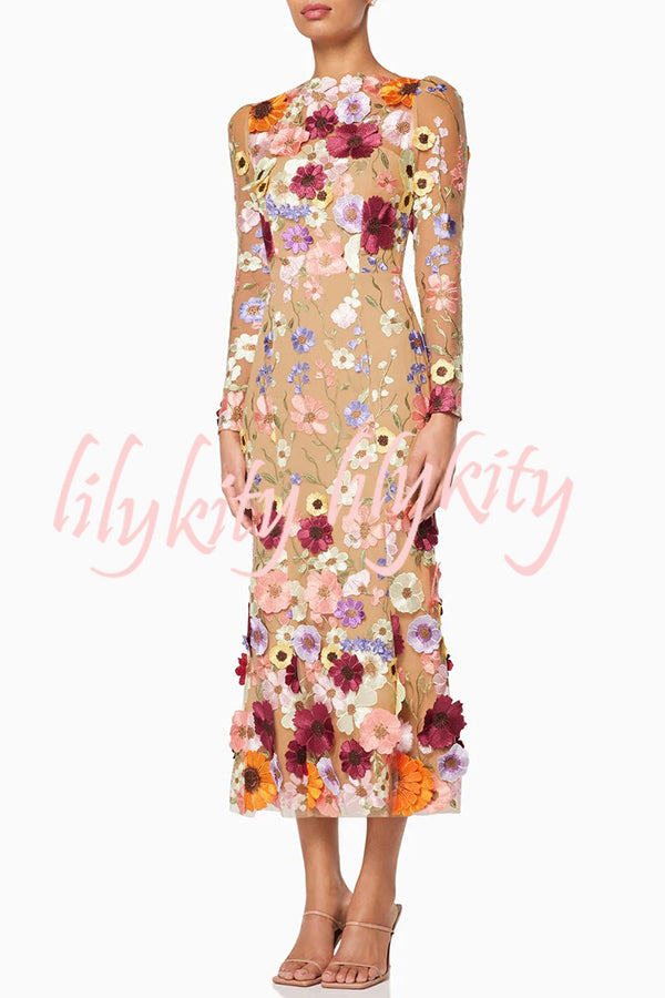 Dignified and Refined Charm Embroidered Floral Applique Long Sleeve Fish Tail Midi Dress