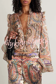 Feeling Dreamy Paisley Print Ruffle Jacquard Bell Sleeve Loose Blouse