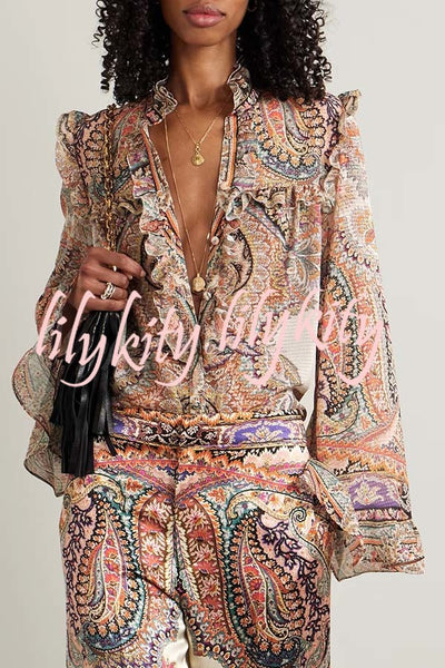 Feeling Dreamy Paisley Print Ruffle Jacquard Bell Sleeve Loose Blouse