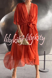 Solid Color V-neck Bat Sleeve Lace-up Irregular Hem Midi Dress