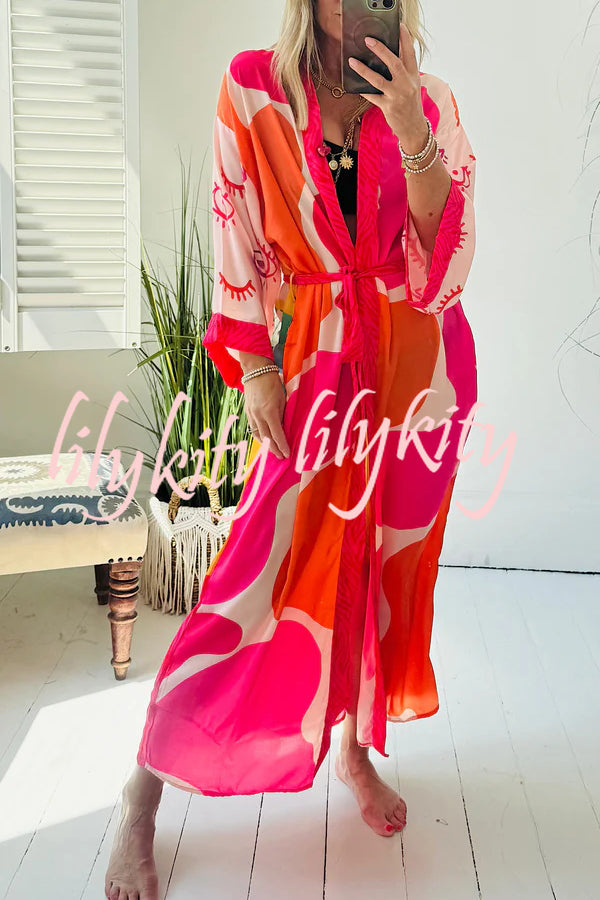 Elevate Beach Style Unique Print Long Sleeve Belted Pocket Cover-up Kimono