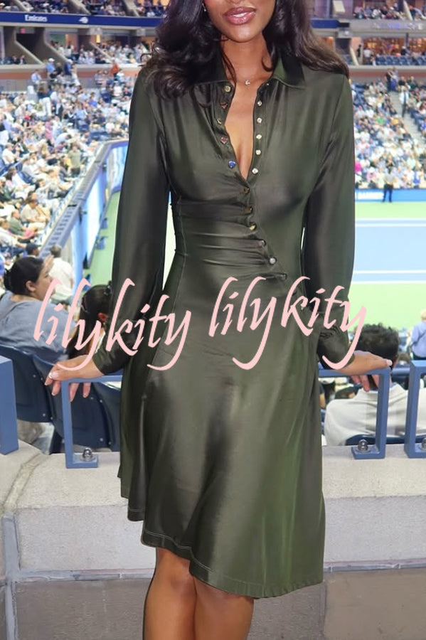 Marvis Button-embellished Long Sleeve Asymmetrical Drape Shirt Midi Dress