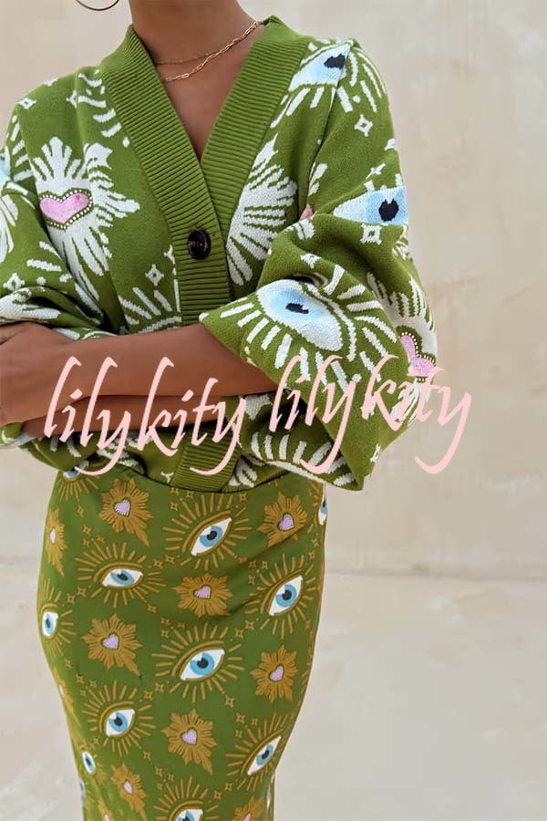 Mysterious Magic Knit Eye Heart Pattern Button Up Long Sleeve Loose Cardigan