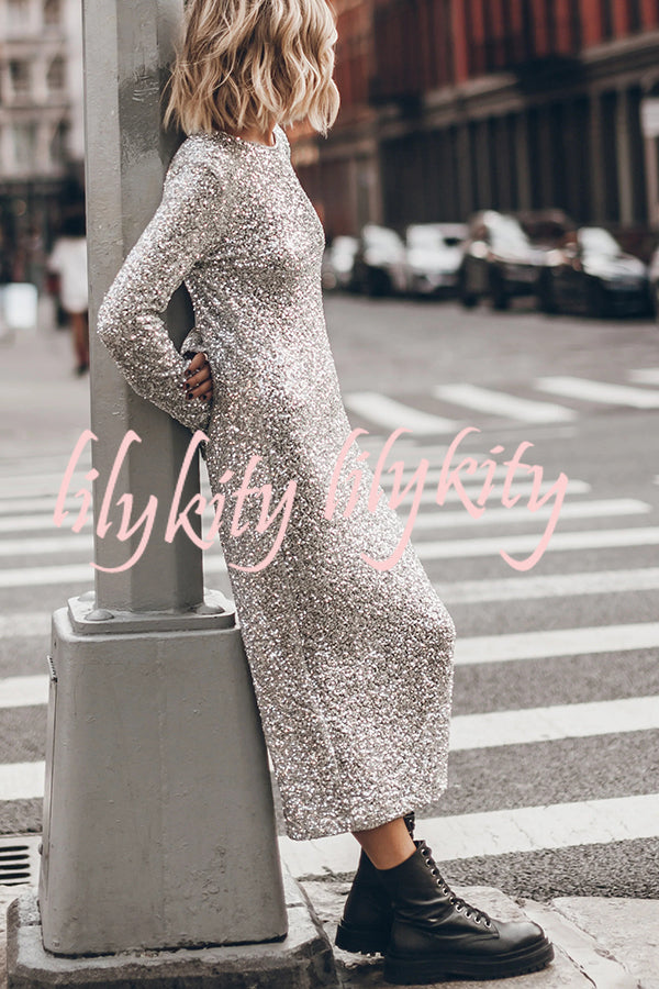 Ignite Sparkly Nights Sequin Extra Long Sleeve Open Back Loose Midi Dress