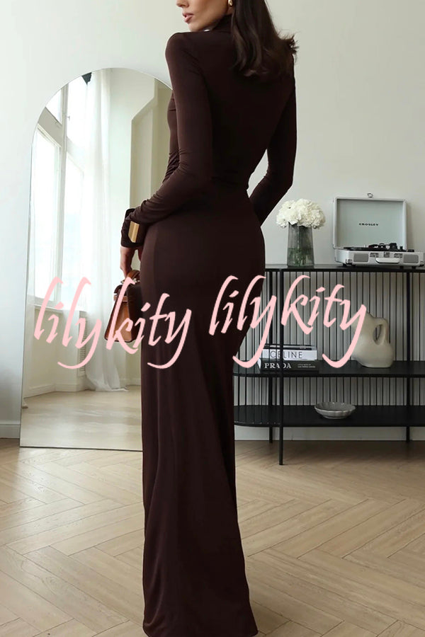 Luxe Silhouette High Neck Shoulder Pads Drape Stretch Maxi Dress