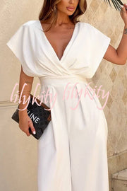 Solid Color V-neck Waist Casual Wide-leg Jumpsuit