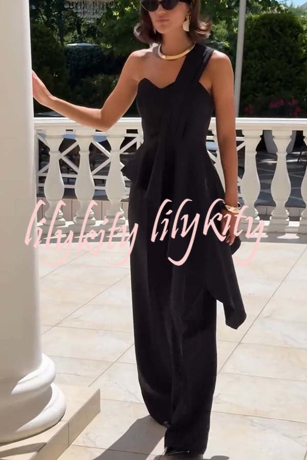 Amena One Shoulder Sweetheart Neck Ruffle Hem Top and Elastic Waist Pocket Wide Leg Pants Set