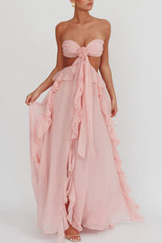 Gorgeous Vacation Halter Rose Detail Cut Out Ruffles Backless Maxi Dress
