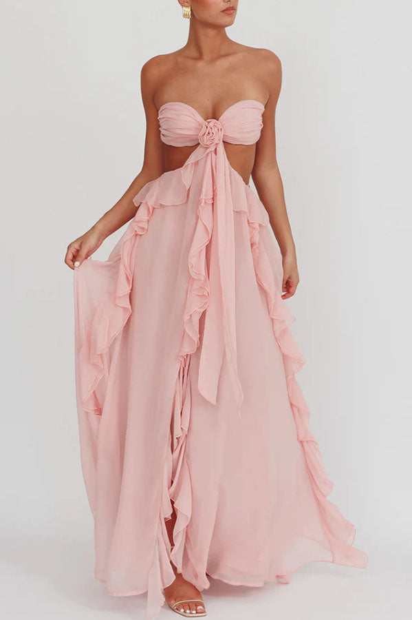 Gorgeous Vacation Halter Rose Detail Cut Out Ruffles Backless Maxi Dress