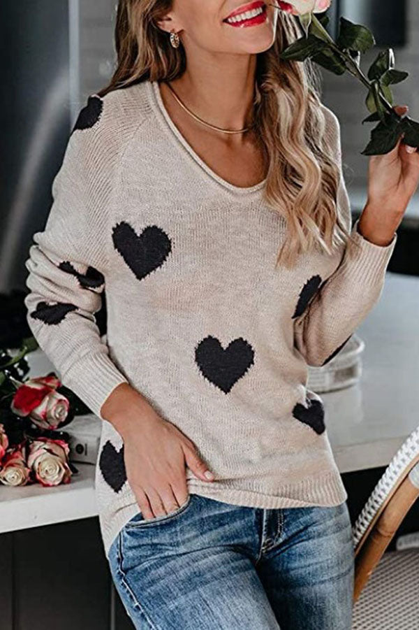 Stylish Color-blocked Heart-patterned Long-sleeved Loose Knit Sweater