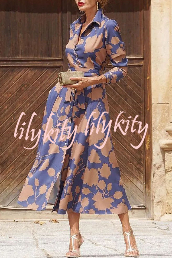 Lapel Floral Print Lace Up Buttoned Pockets Long Sleeve Midi Dress