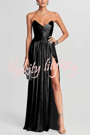 Goddess Temperament Metallic Pleated Fabric Off Shoulder Slit Maxi Dress