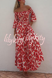 Close To The Vacation Floral Print Smocked Off Shoulder Pocketed Maxi Dress