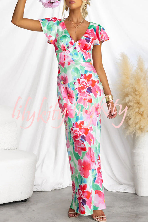 Say I Do Satin Floral Print Cap Sleeves Maxi Dress