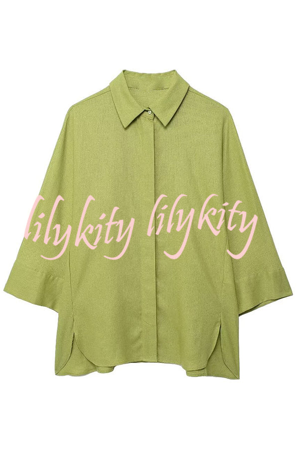 Solid Color Loose Casual Shirt and Elastic Waist Pocket Wide Leg Pants Set