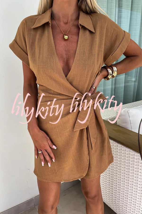 Relaxing Beach Linen Blend Solid Color Wrap Loose Shirt Romper