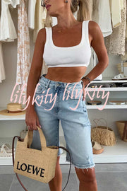 Fashion Denim Pocket Frayed Bermuda Shorts