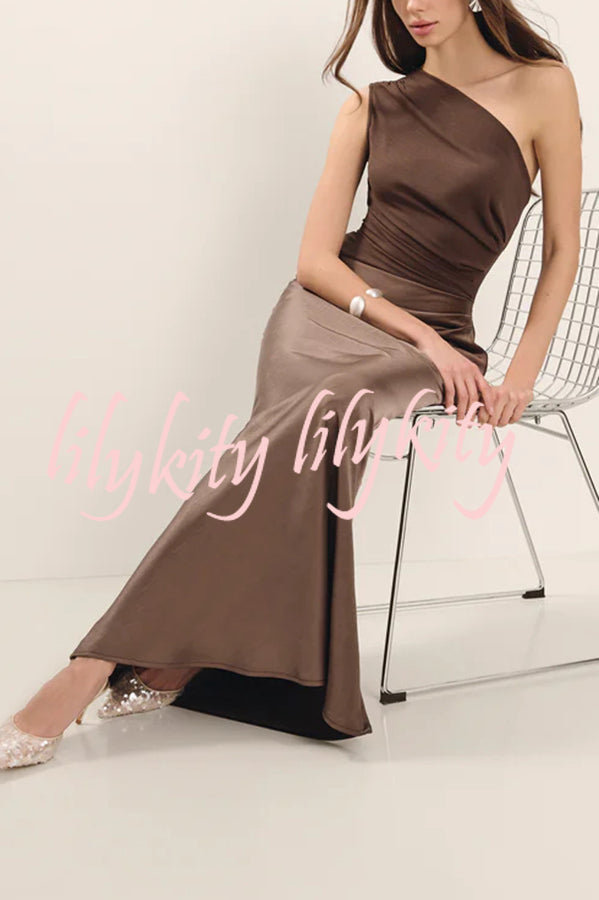 Kaia Satin Contrast Fabric Patchwork One Shoulder Ruched Maxi Dress