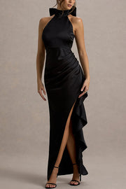 Maureen Satin High Neck Ruched Ruffle Slit Draped Maxi Dress
