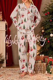 Christmas Holiday Print Long Sleeve Pocket Top and Elastic Waist Loose Pants Set