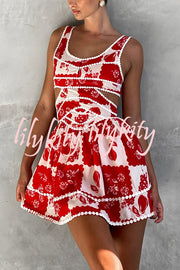 Holiday Colors Ric Rac Trims Unique Print Cutout Round Neck Mini Dress