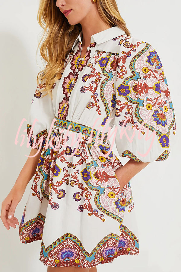 Fun and Vibrant Linen Blend Unique Print Puff Sleeve Pocketed Shirt Mini Dress