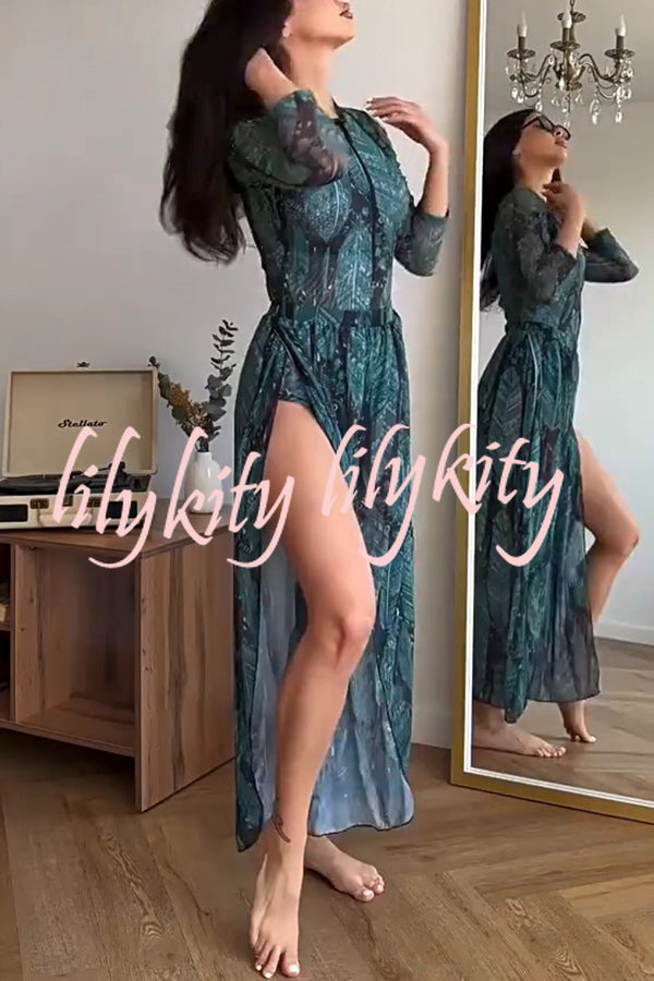 Unique Print One-piece Swimsuit and Cardigan and High Rise Pants Three-piece Set