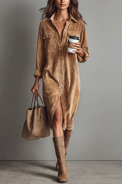 Solid Color Single-Breasted Pocket Casual Shirt-Style Midi Dress