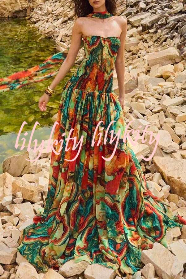 Vacay Vibes Colorful Lava Print Off Shoulder Smocked Scarf Maxi Dress