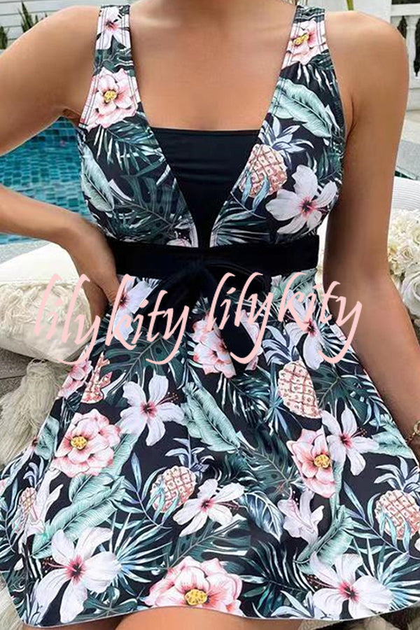 Cheerful Floral Print Bow Detail Tankini Swimsuit Set