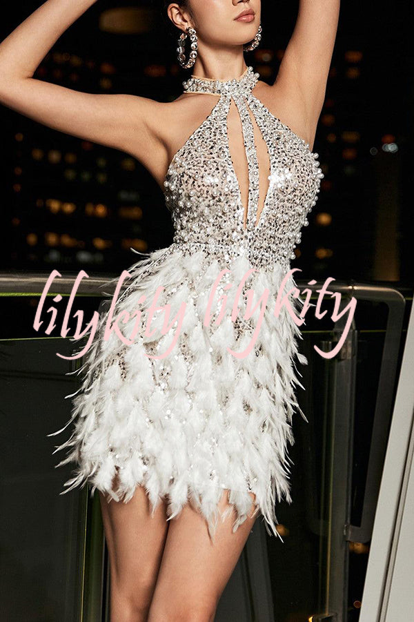 Stylish Sequined Sleeveless Feather-embellished Slim-fit Mini Dress