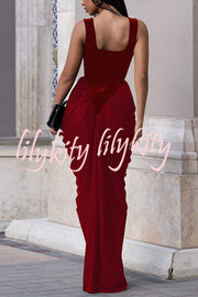 Fashionable Velvet Patchwork Square Neck Sleeveless Draped Maxi Dress